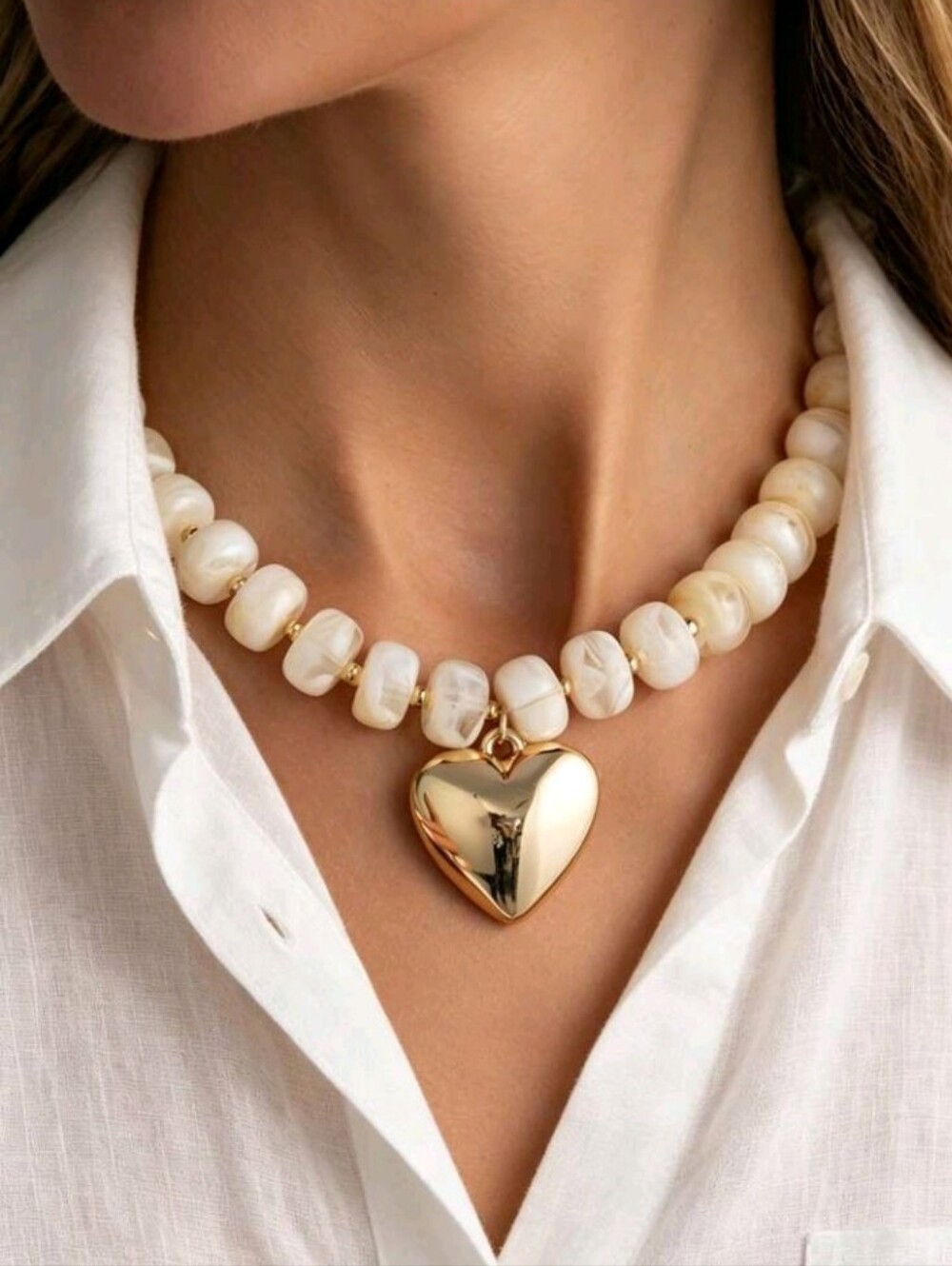 NEW! Chic Gold Heart Pendant Pearly Chunky Bead Choker Necklace - Women Jewelry